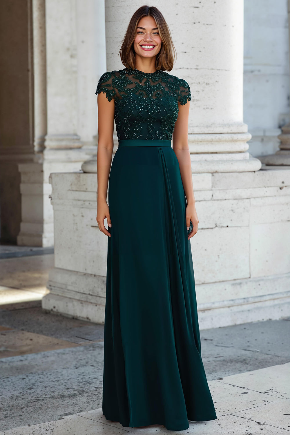 Leely Women Peacock Green A-Line Chiffon Long Mother of the Bride Dress with Beading Round Neck Cap Sleeves Wedding Guest Dress