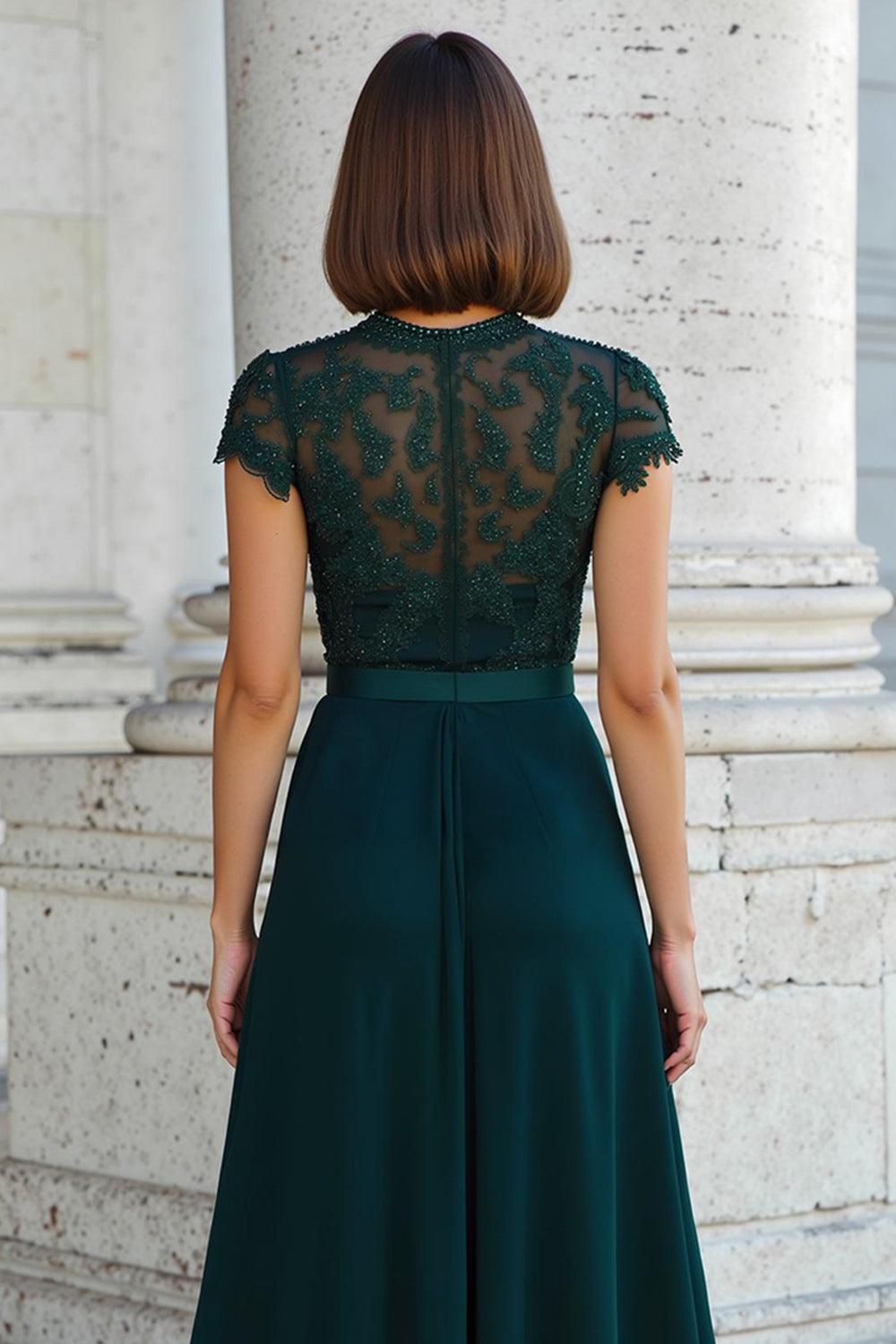 Peacock Green Round Neck A-Line Long Chiffon Mother of the Bride Dress with Beading