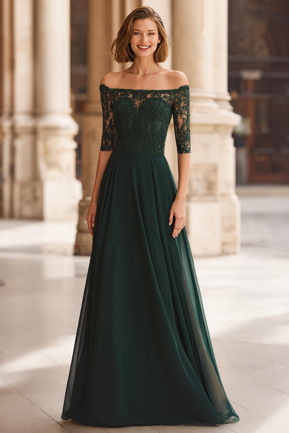 Leely Women Pine Green A-Line Chiffon Long Mother of The Bride Dress with Lace Off The Shoulder Short Sleeves Wedding Guest Dress