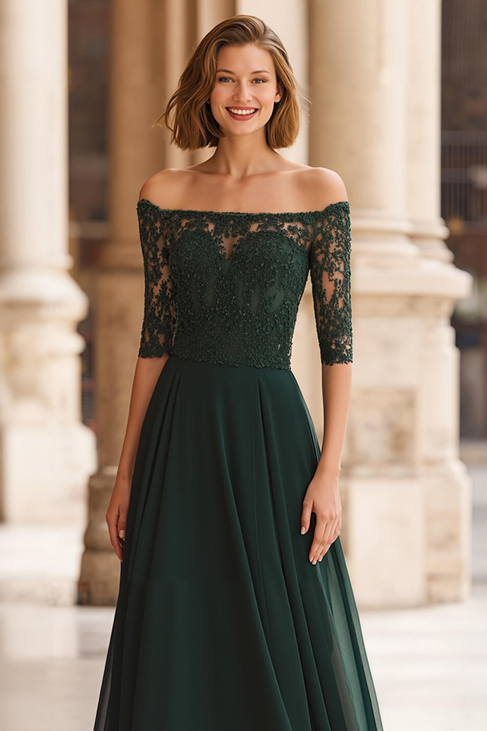 Pine Green Chiffon Off the Shoulder A-Line Long Mother of the Bride Dress with Lace