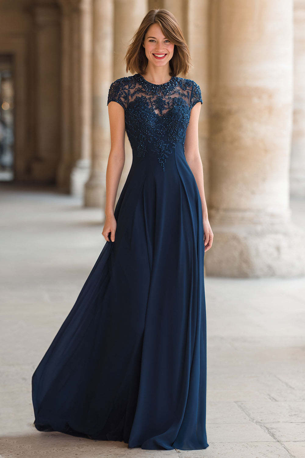 Leely Women Navy Chiffon A-Line Maxi Mother of the Bride Dress with Lace Round Neck Cap Sleeves Wedding Guest Dress