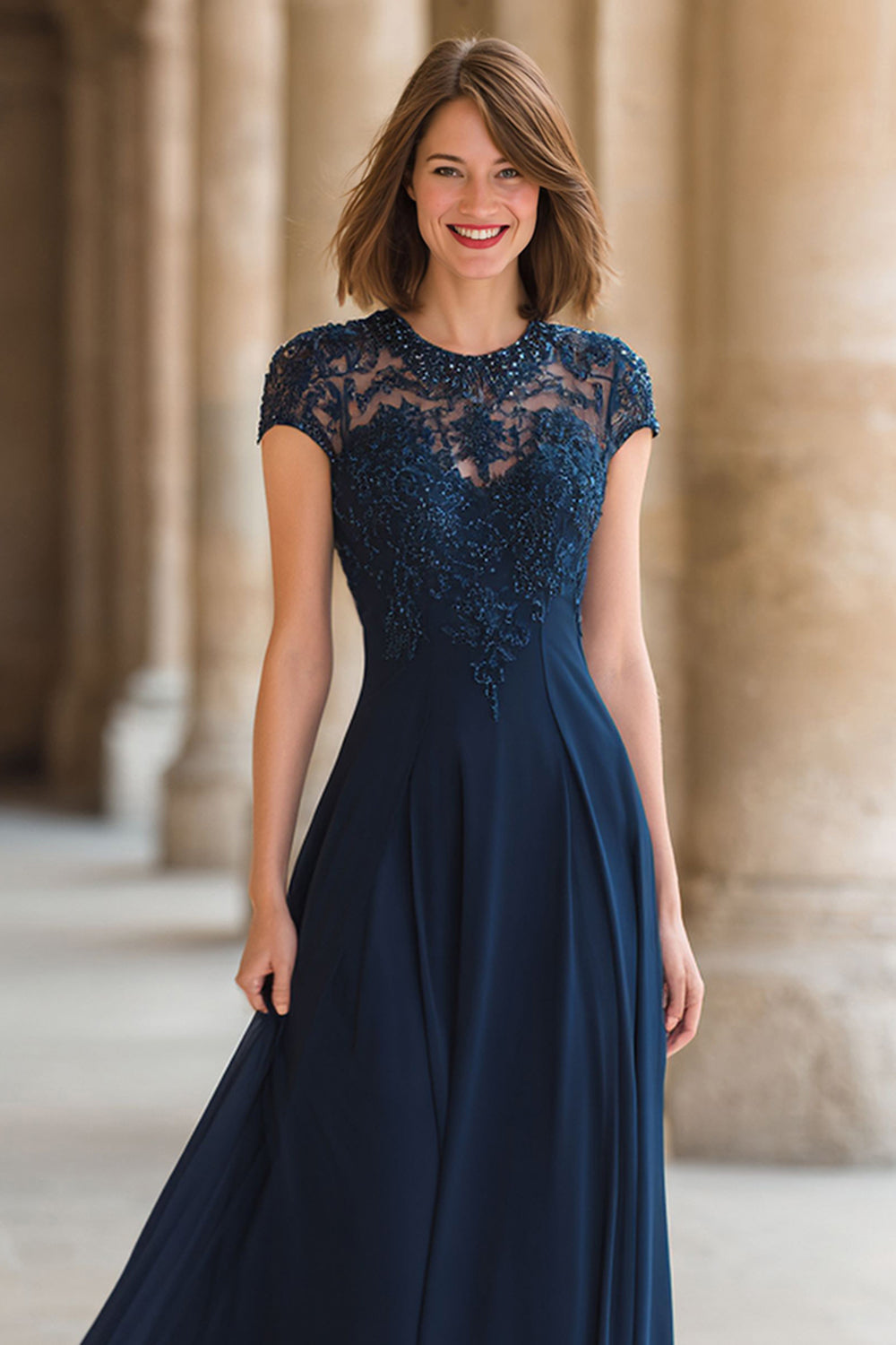 Navy Chiffon Round Neck A-Line Maxi Mother of the Bride Dress with Lace