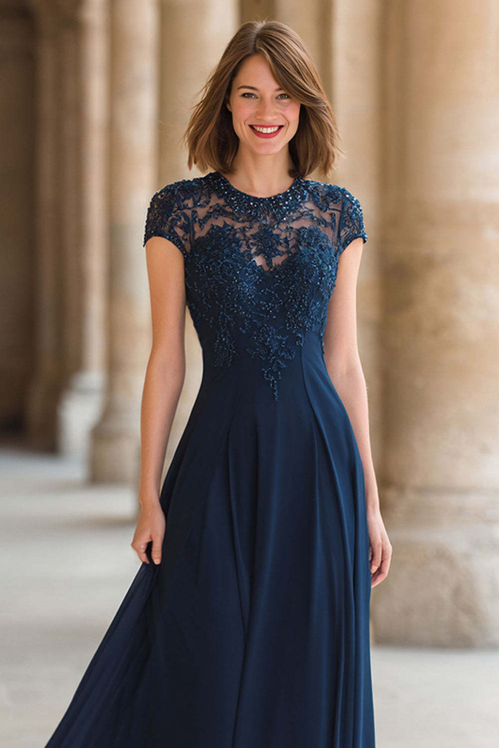 Navy Chiffon Round Neck A-Line Maxi Mother of the Bride Dress with Lace