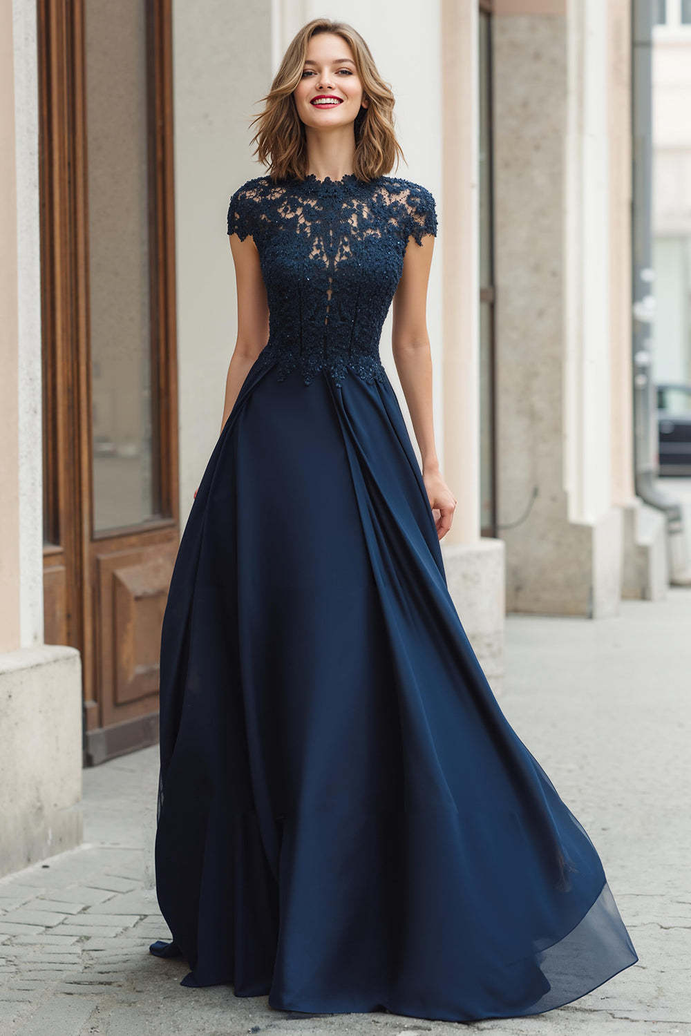 Leely Women Navy Chiffon A-Line Long Mother of the Bride Dress with Lace Round Neck Cap Sleeves Wedding Guest Dress