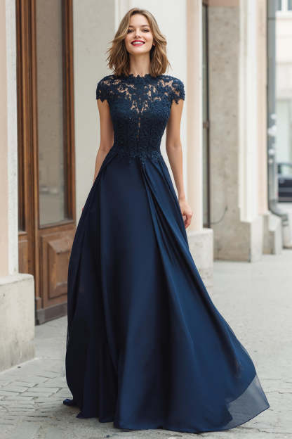 Leely Women Navy Chiffon A-Line Long Mother of the Bride Dress with Lace Round Neck Cap Sleeves Wedding Guest Dress