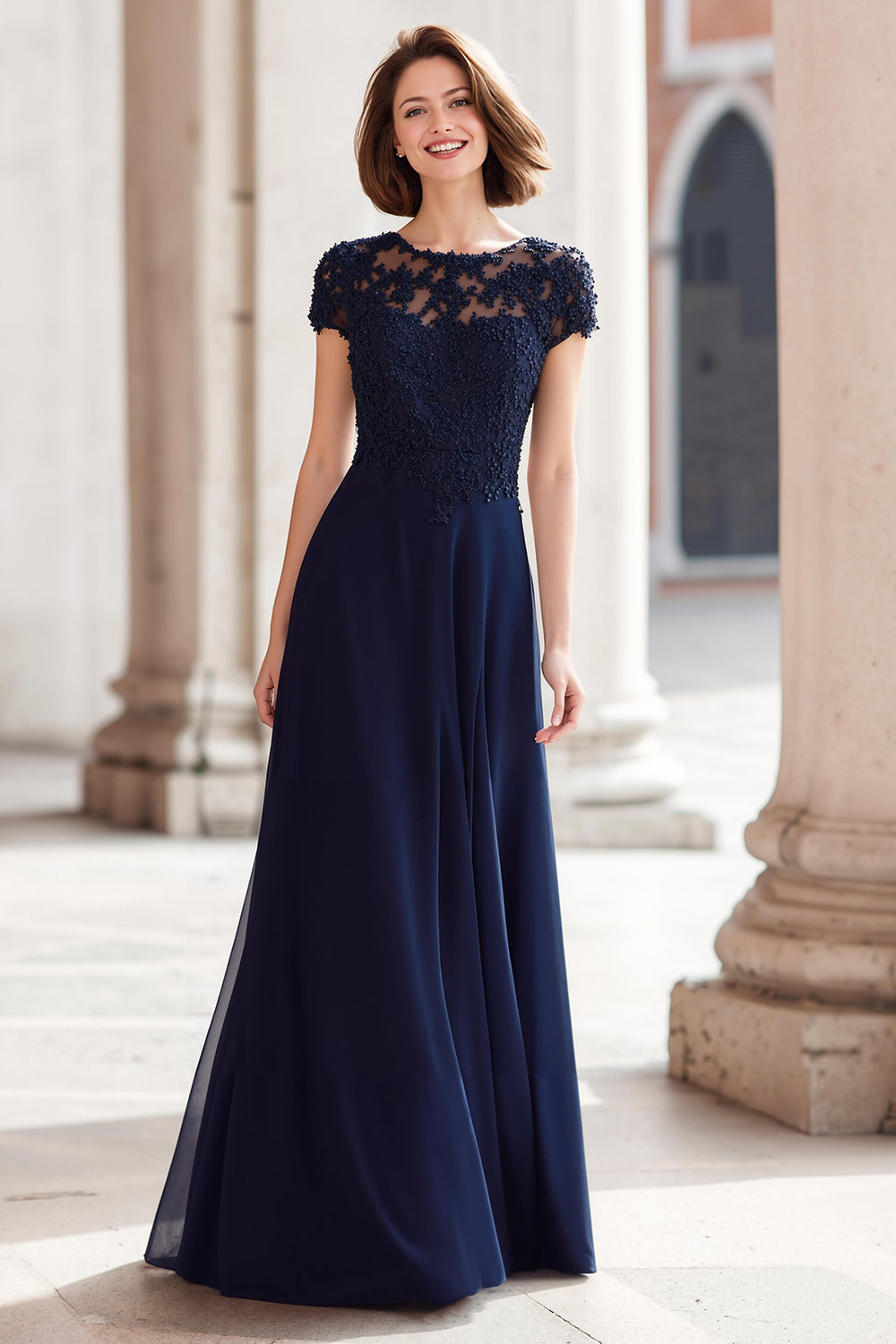 Leely Women Navy Chiffon A-Line Maxi Mother of the Bride Dress with Appliques Round Neck Cap Sleeves Wedding Guest Dress