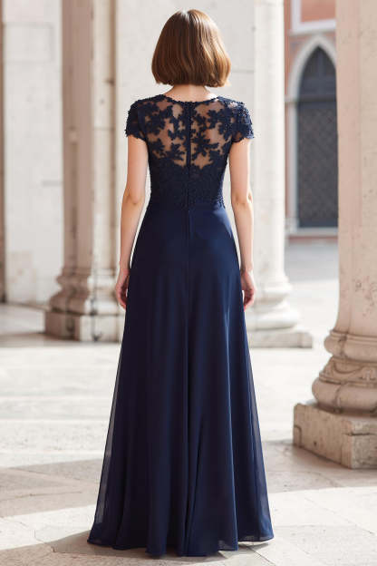 Navy Round Neck A-Line Chiffon Maxi Mother of the Bride Dress with Appliques