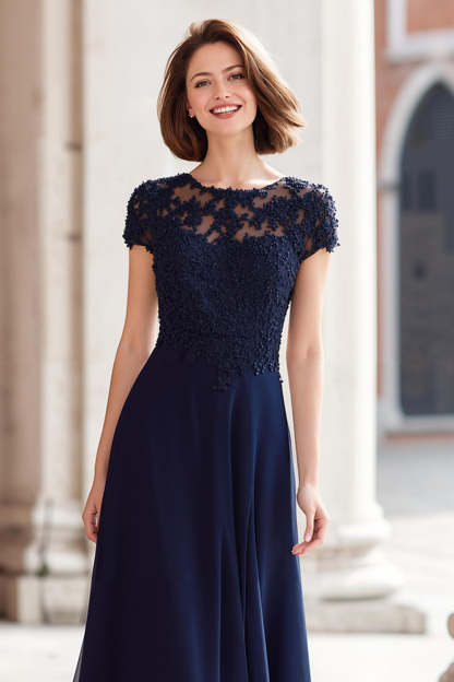 Navy Round Neck A-Line Chiffon Maxi Mother of the Bride Dress with Appliques