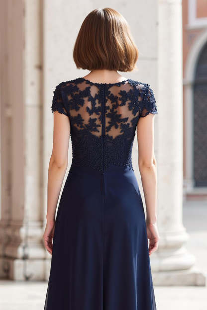 Navy Round Neck A-Line Chiffon Maxi Mother of the Bride Dress with Appliques