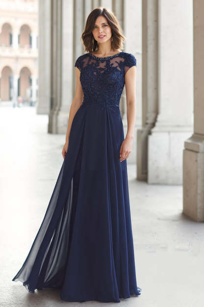 Leely Women Navy A-Line Chiffon Long Mother of the Bride Dress with Appliques Boat Neck Cap Sleeves Wedding Guest Dress