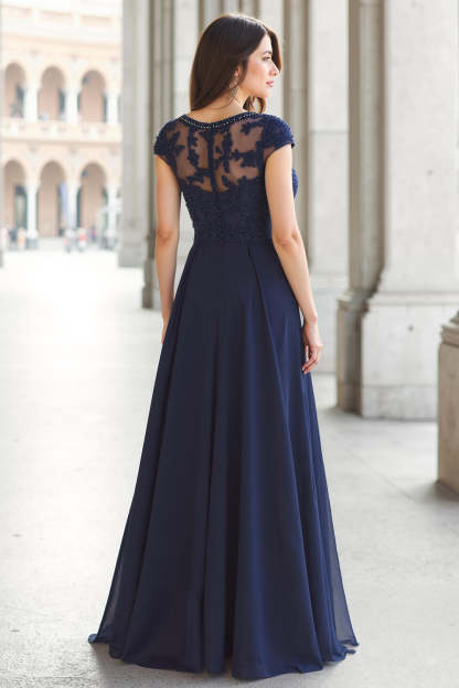 Navy Boat Neck A-Line Maxi Chiffon Mother of the Bride Dress with Appliques