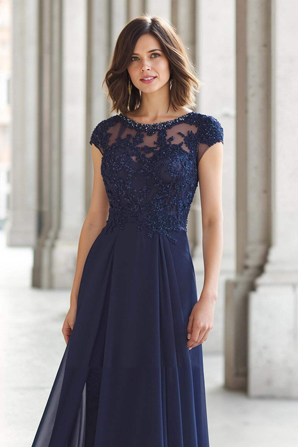 Navy Boat Neck A-Line Maxi Chiffon Mother of the Bride Dress with Appliques