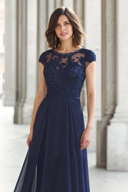 Navy Boat Neck A-Line Maxi Chiffon Mother of the Bride Dress with Appliques