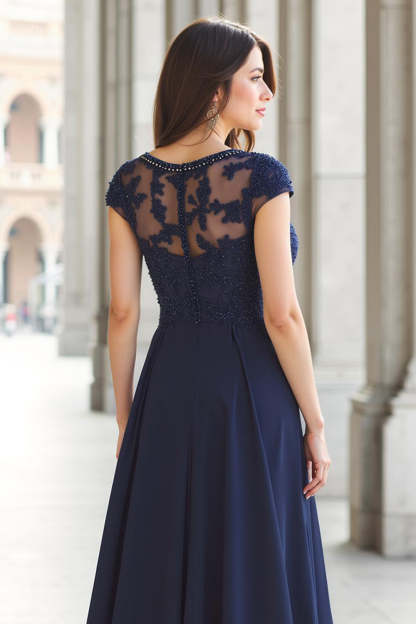 Navy Boat Neck A-Line Maxi Chiffon Mother of the Bride Dress with Appliques