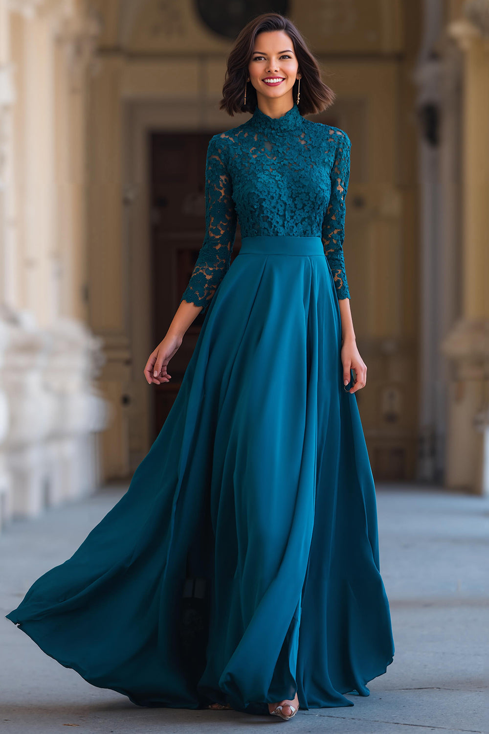 Leely Women Peacock Blue A-Line Chiffon Long Mother of the Bride Dress with Lace High Neck Long Sleeves Wedding Guest Dress