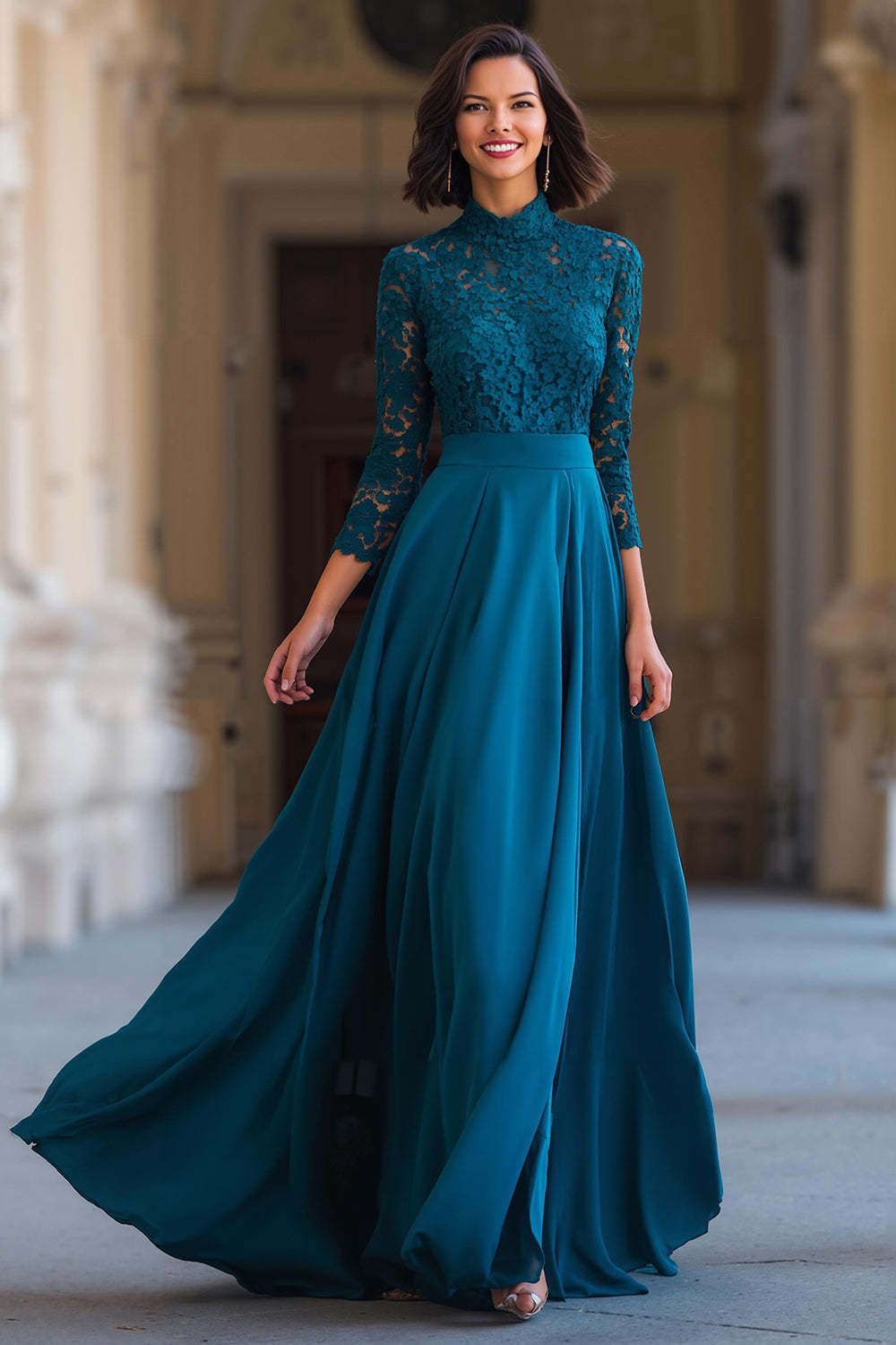 Leely Women Peacock Blue A-Line Chiffon Long Mother of the Bride Dress with Lace High Neck Long Sleeves Wedding Guest Dress