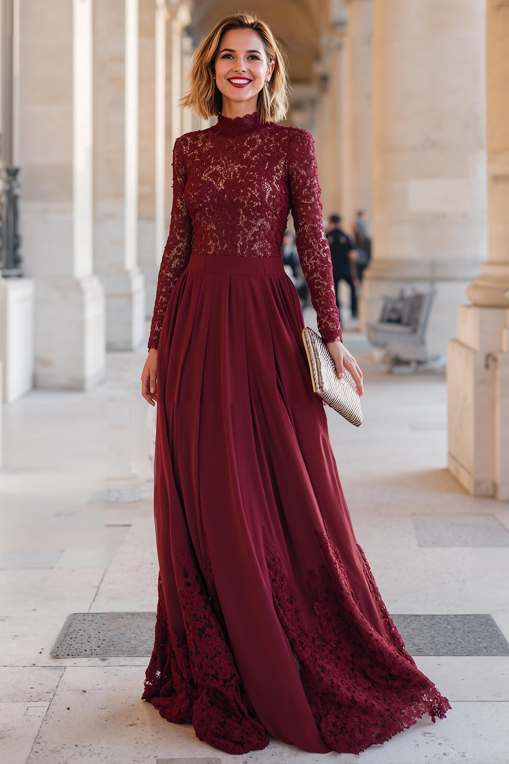 Burgundy Chiffon High Neck A-Line Long Mother of the Bride Dress with Lace