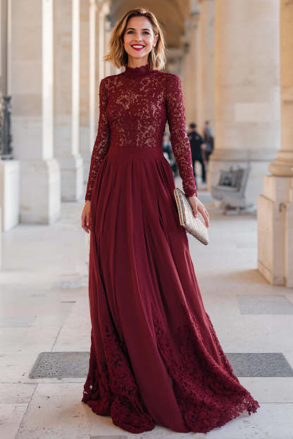Leely Women Burgundy Chiffon A-Line Maxi Mother of the Bride Dress with Lace High Neck Long Sleeves Wedding Guest Dress