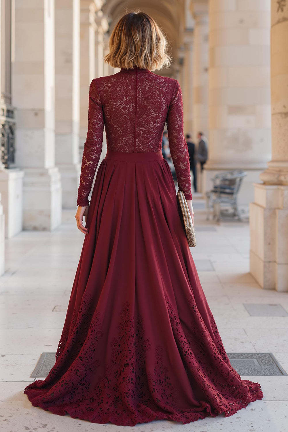 Burgundy Chiffon High Neck A-Line Long Mother of the Bride Dress with Lace