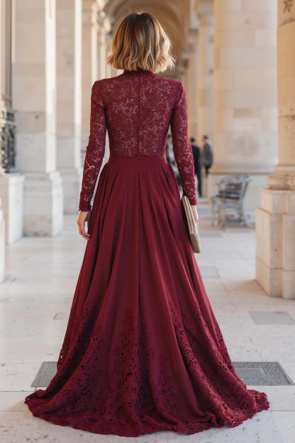 Burgundy Chiffon High Neck A-Line Long Mother of the Bride Dress with Lace