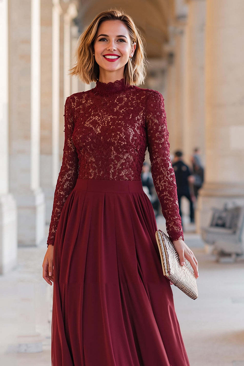 Burgundy Chiffon High Neck A-Line Long Mother of the Bride Dress with Lace