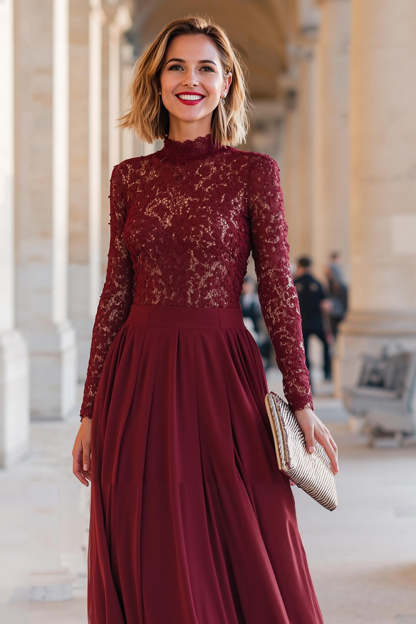 Burgundy Chiffon High Neck A-Line Long Mother of the Bride Dress with Lace