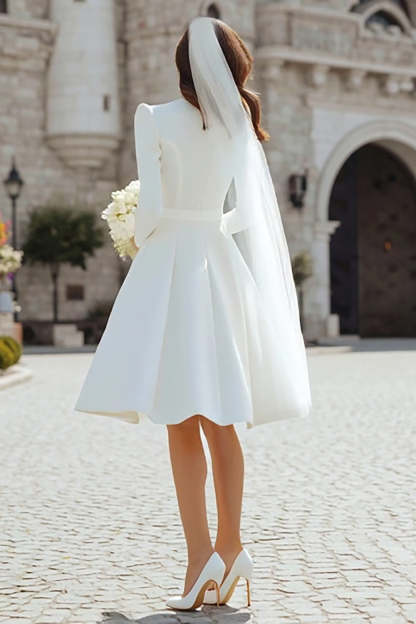 Ivory Satin Short A Line Simple Wedding Dress with Sleeves