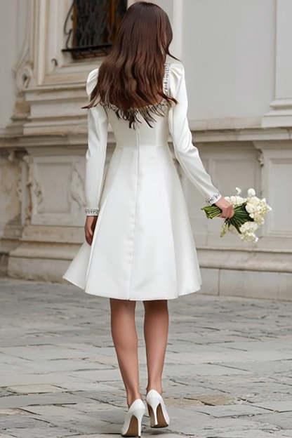 Ivory A Line Satin Beaded Short Wedding Dress with Sleeves