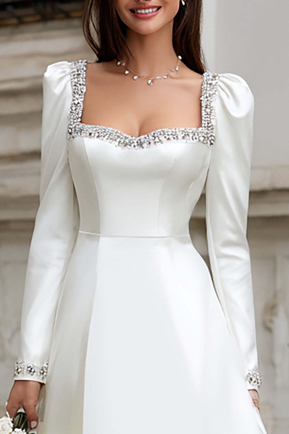 Ivory A Line Satin Beaded Short Wedding Dress with Sleeves