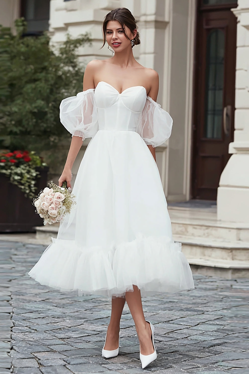 Leely Women Ivory Tulle Midi Wedding Dress A Line Corset Off the Shoulder Bridal Shower Dress