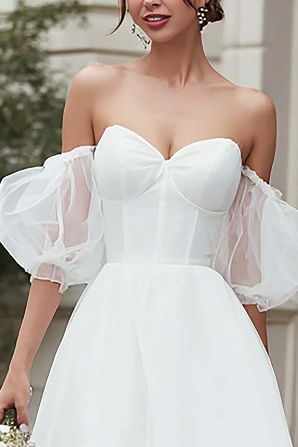 Ivory Tulle Midi A Line Off the Shoulder Wedding Dress