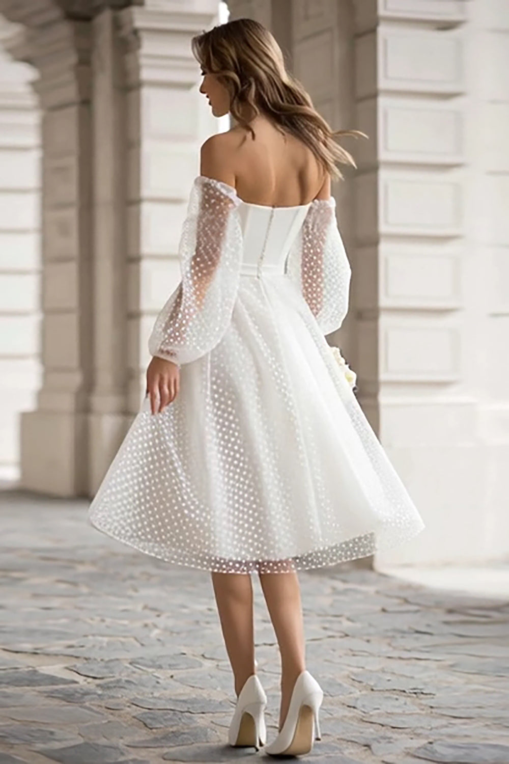 Ivory A Line Polka Dots Midi Wedding Dress with Sleeves