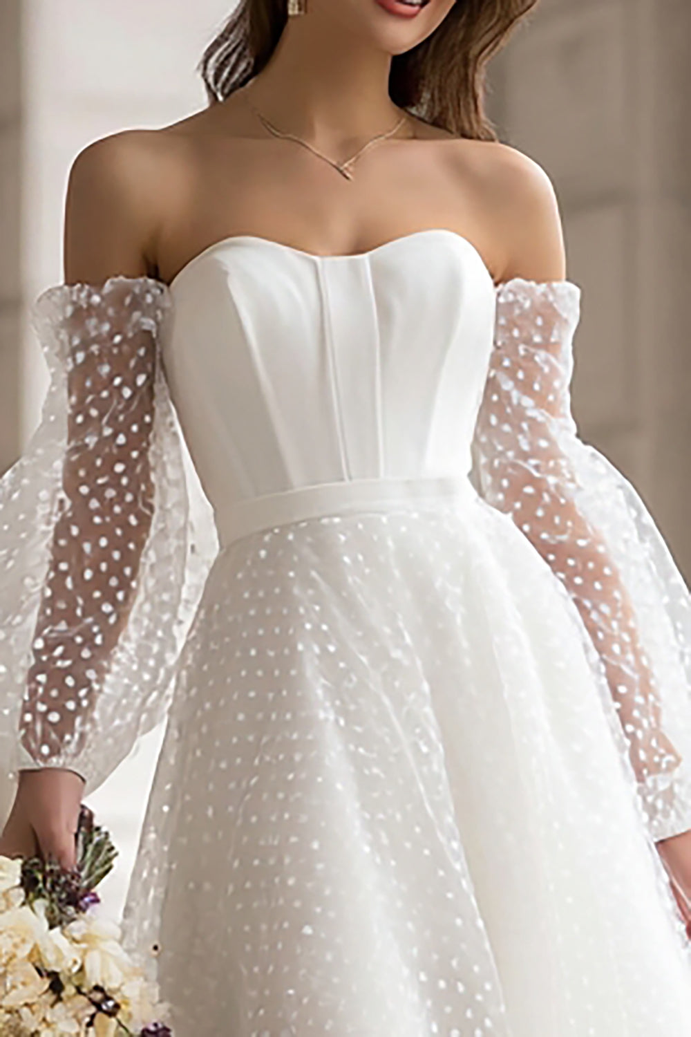 Ivory A Line Polka Dots Midi Wedding Dress with Sleeves