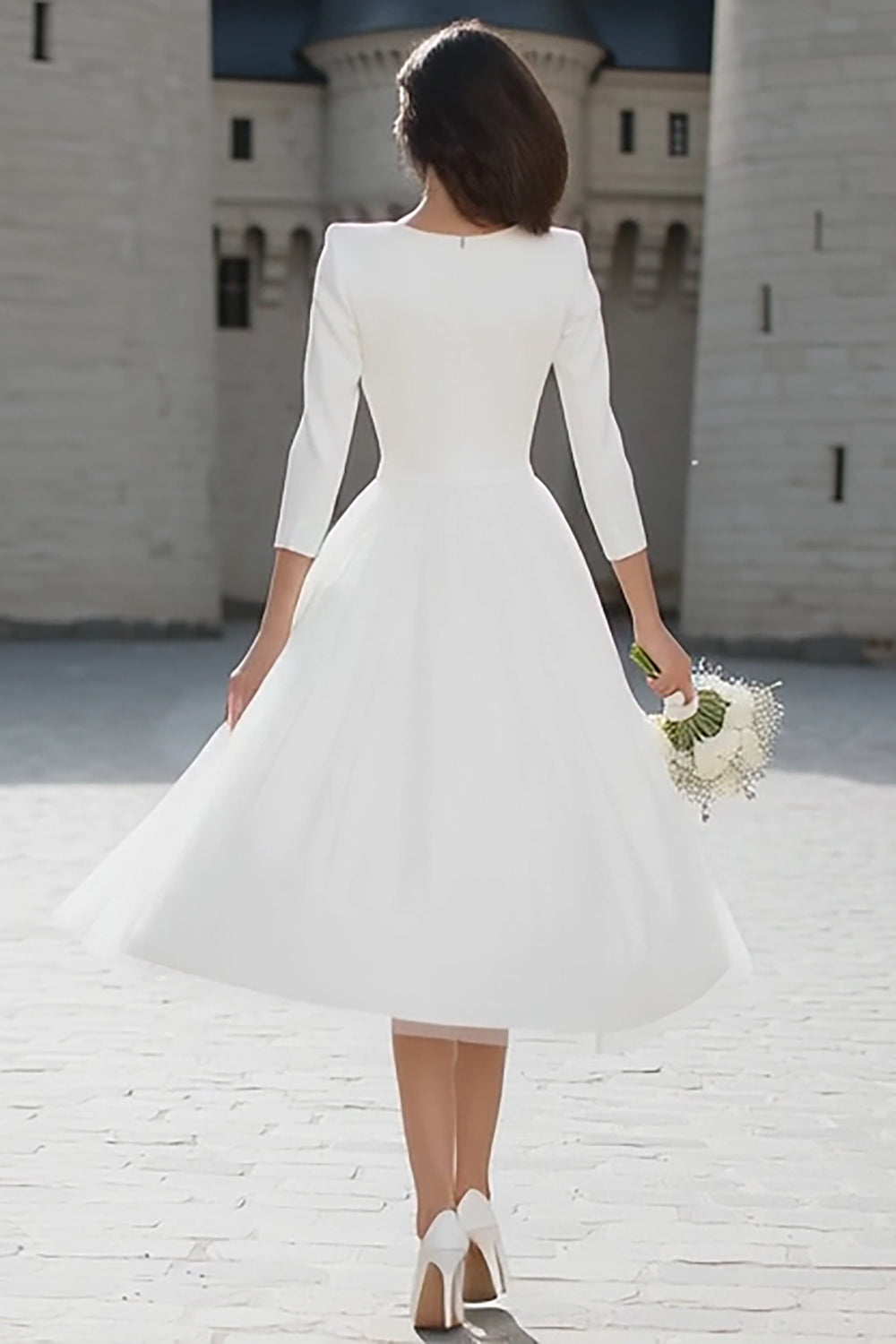 Ivory V-Neck A Line Midi Simple Wedding Dress with Sleeves