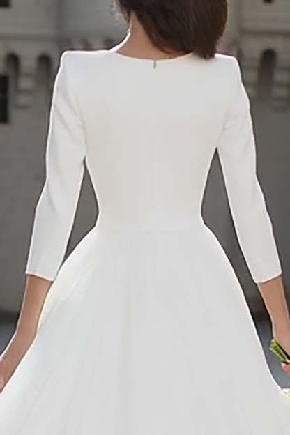 Ivory V-Neck A Line Midi Simple Wedding Dress with Sleeves