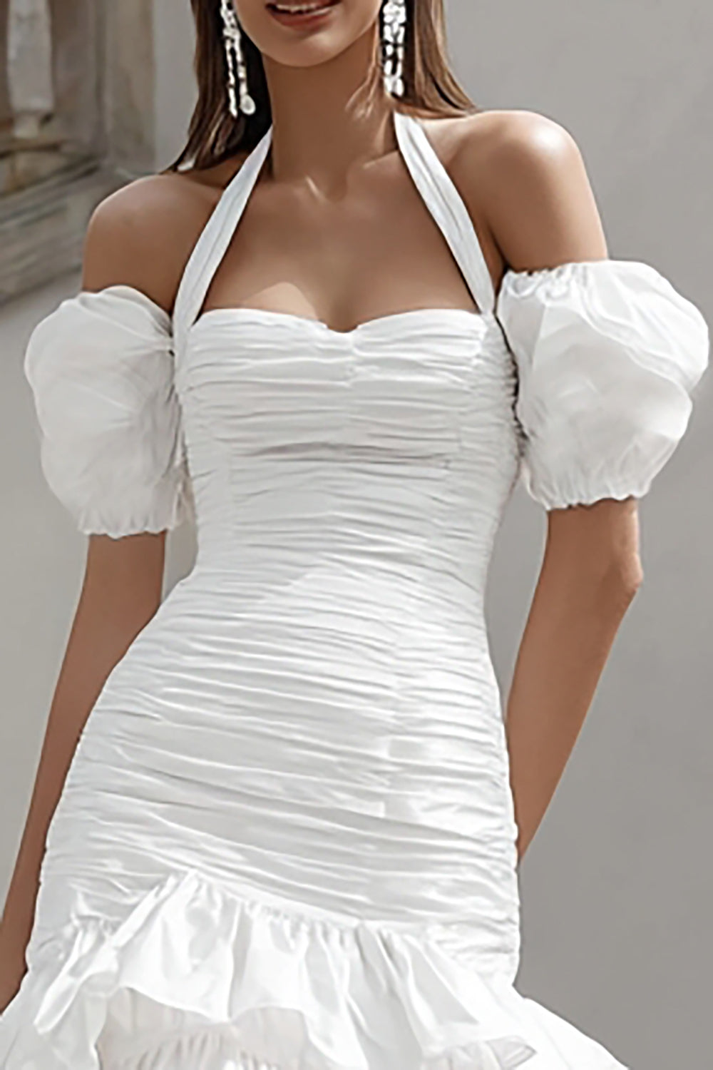 Ivory Bodycon Halter Short Bridal Shower Dress with Ruffles
