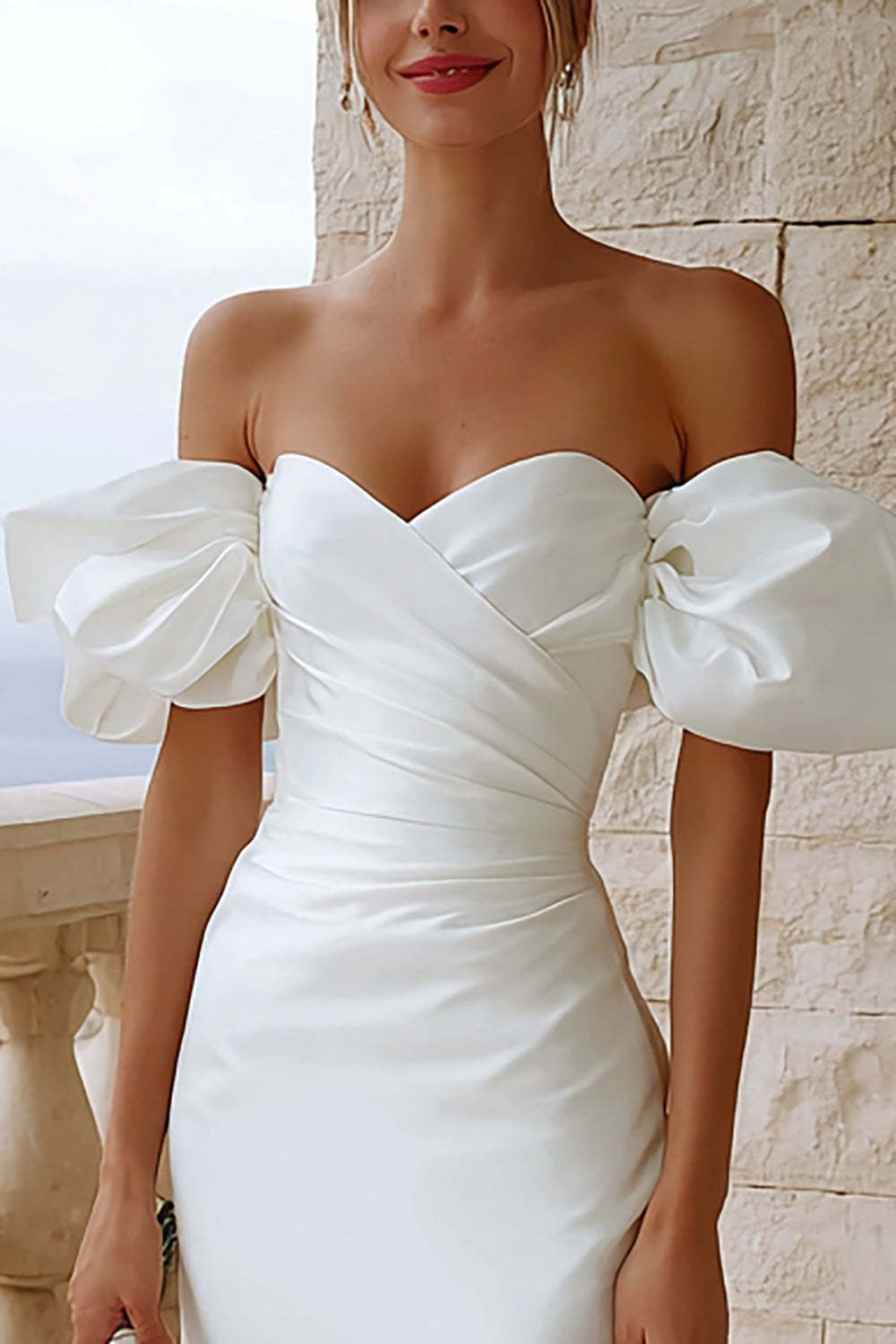 Short Ivory Bodycon Off the Shoulder Satin Bridal Shower Dress