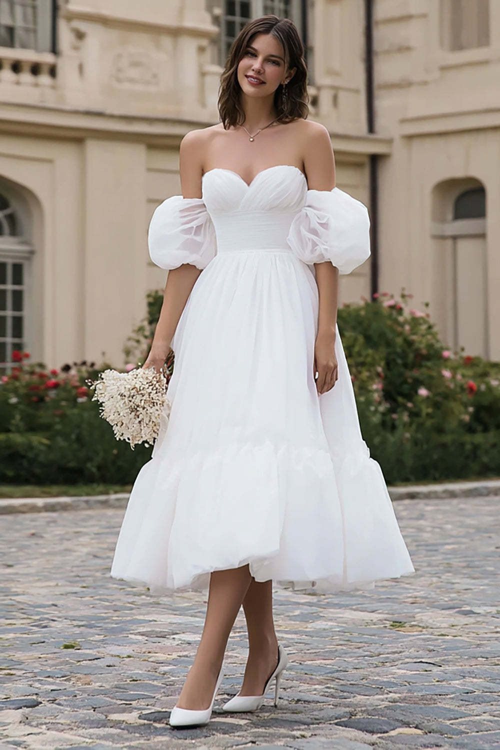 Leely Women Ivory Midi Wedding Dress A Line Sweetheart Organza Bridal Shower Dress