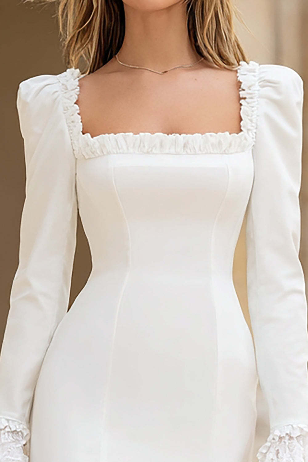 Ivory Short Satin Square Neck Bodycon Bridal Shower Dress with Sleeves