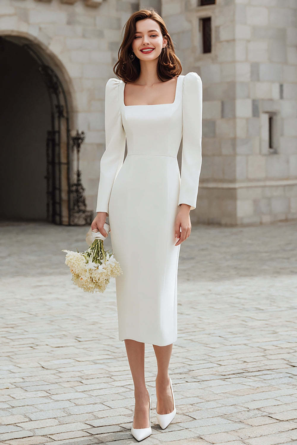 Leely Women Ivory Satin Bodycon Midi Engagement Dress with Sleeves Square Neck Bridal Shower Dress