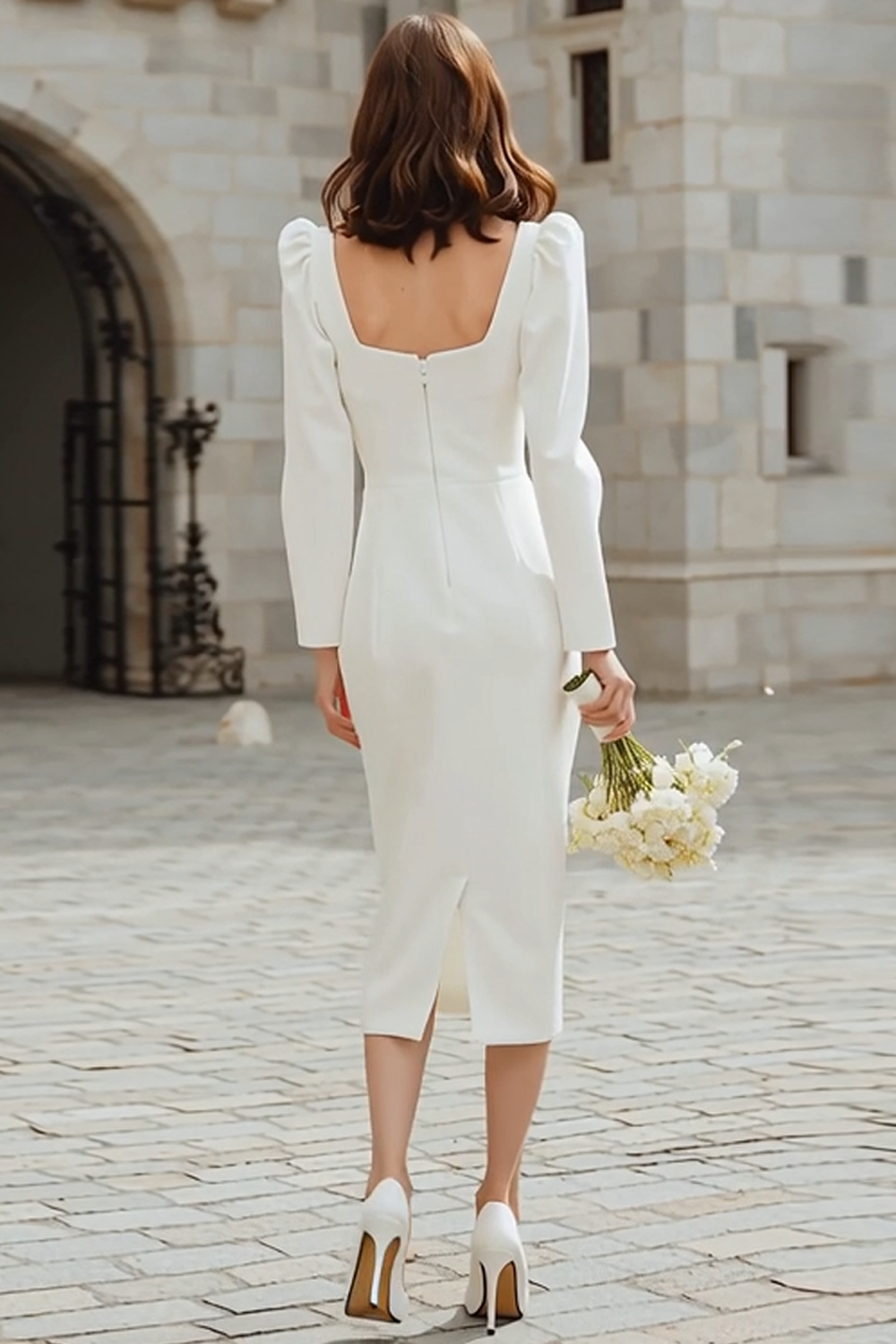 Ivory Square Neck Midi Bodycon Engagement Dress with Sleeves