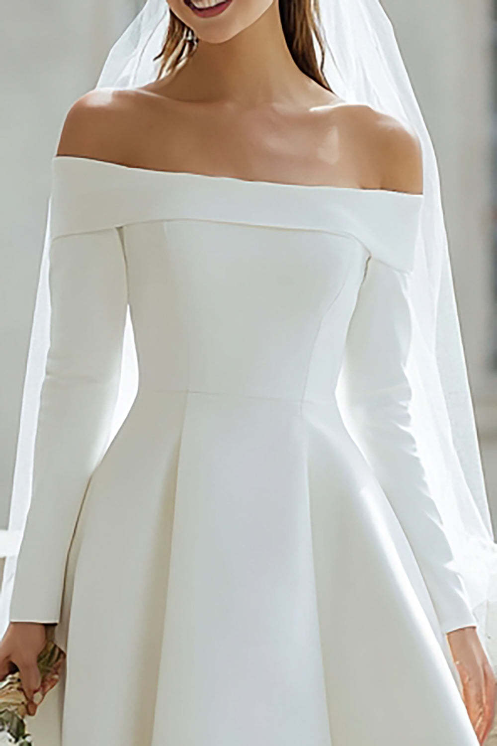 Ivory Off the Shoulder High-Low Satin Wedding Dress with Sleeves