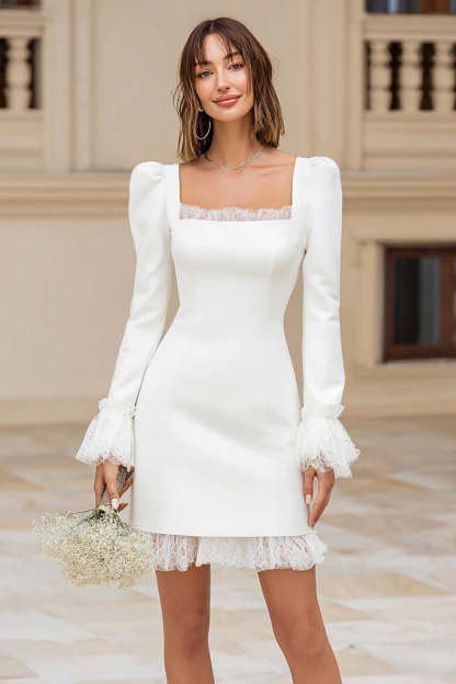 Leely Women Ivory Satin Short Wedding Dress with Ruffles Square Neck Bodycon Long Sleeves Bridal Shower Dress