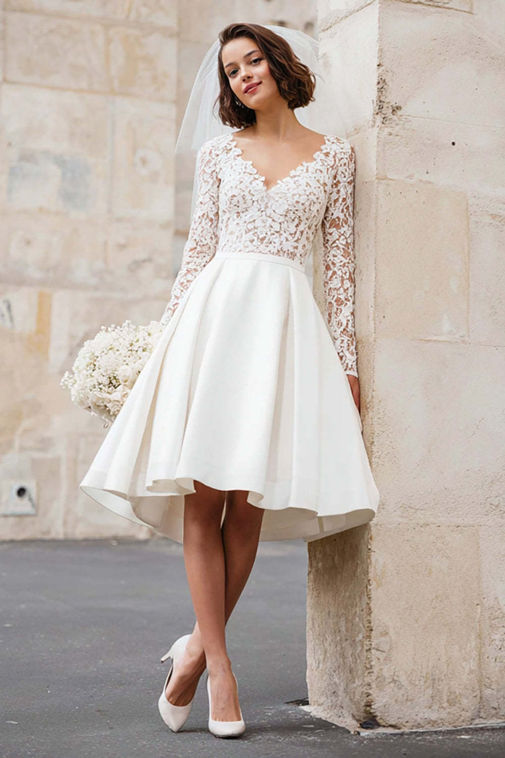 Leely Women Ivory A Line Short Wedding Dress with Lace V-Neck Satin Long Sleeves Bridal Shower Dress
