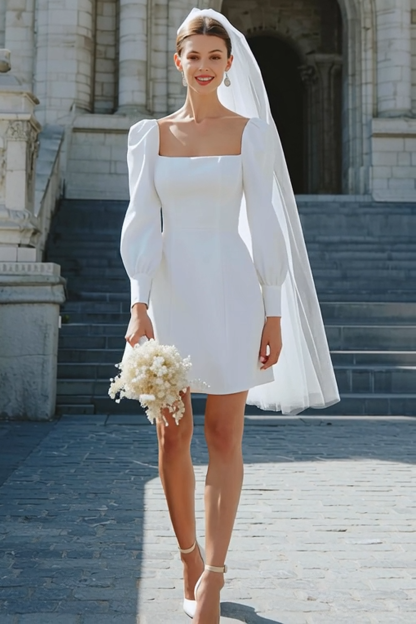 A Line Ivory Satin Short Wedding Dress with Sleeves