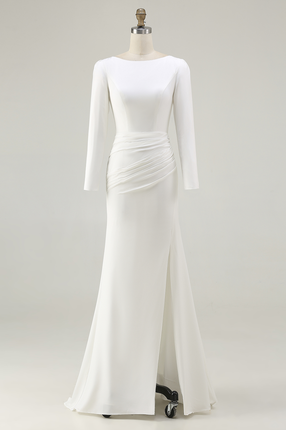 Leely Women Ivory Sheath Long Bridal Dress with Slit Bateau Neck Rehearsal Dinner Dress with Sleeves Leely Women Ivory Sheath Long Bridal Dress with Slit Bateau Neck Rehearsal Dinner Dress with Sleeves