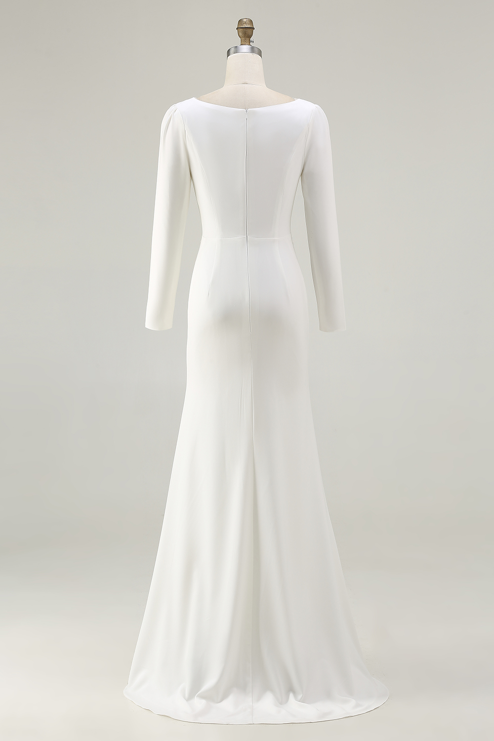 Ivory Sheath Bateau Neck Long Sleeves Wedding Dress with Slit