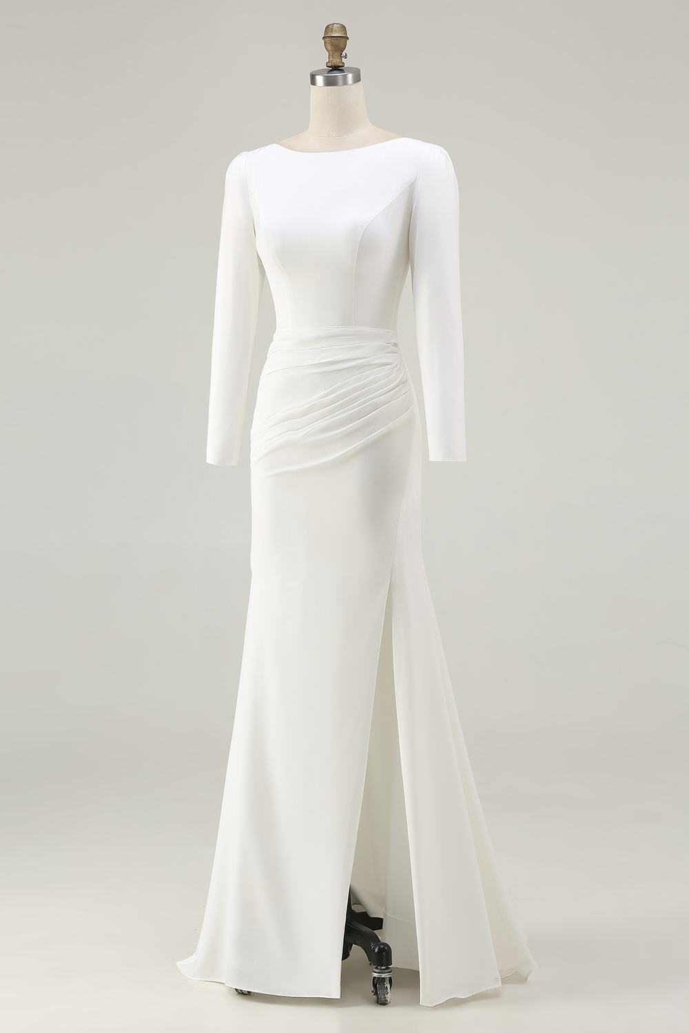 Elegant Ivory Bateau Neck Long Sleeves Sheath Wedding Dress with Slit