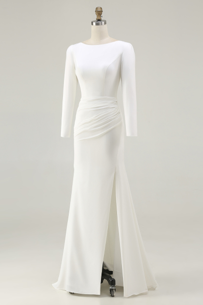 Elegant Ivory Bateau Neck Long Sleeves Sheath Wedding Dress with Slit