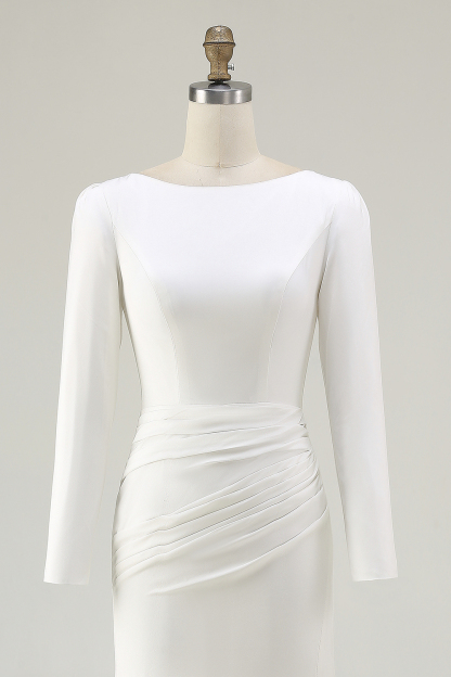 Elegant Ivory Bateau Neck Long Sleeves Sheath Wedding Dress with Slit